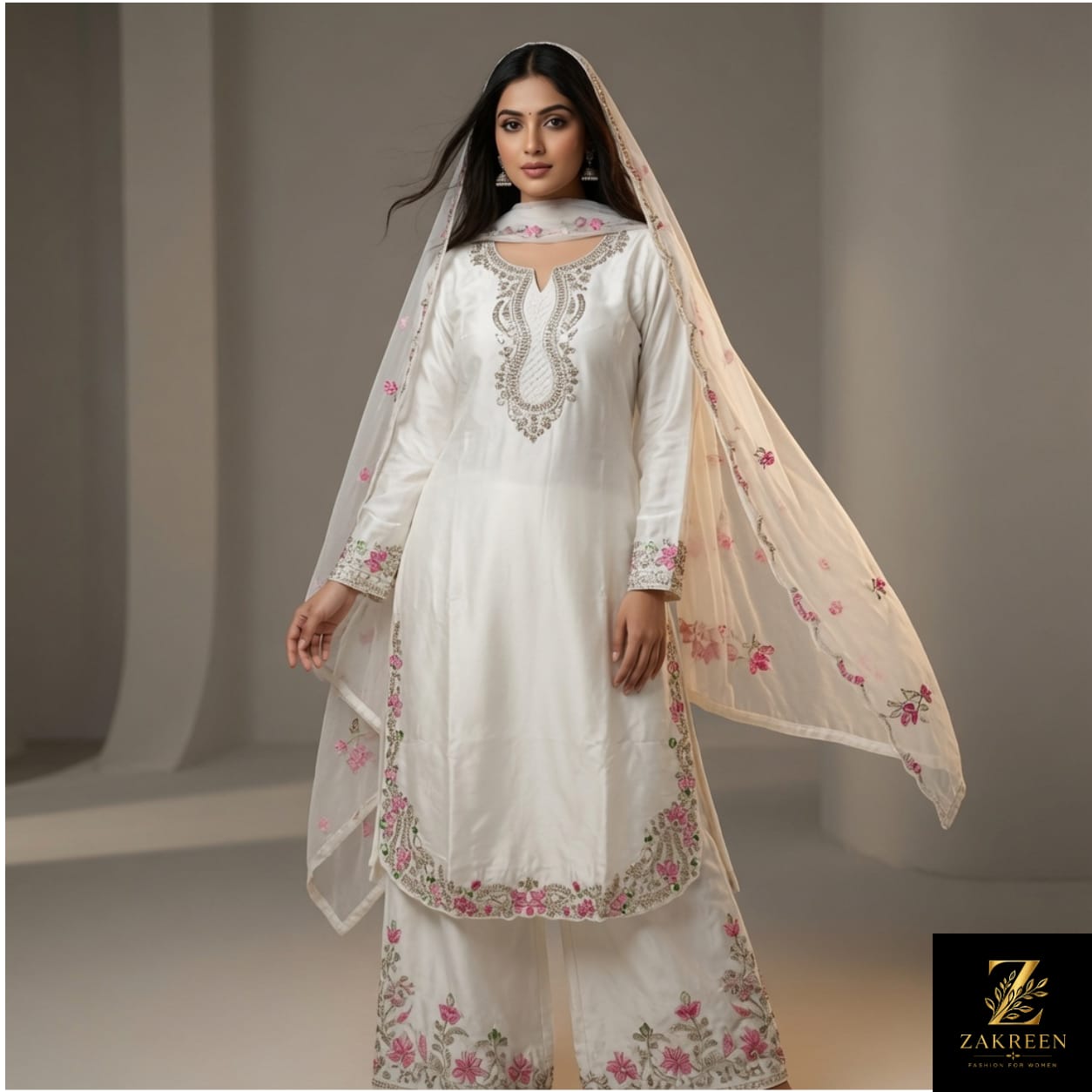 Zakreen Women's White Floral Embroidered Kurta Palazzo with Dupatta Set | Premium 3-Piece Ethnic Suit for Festive, Wedding & Party Wear