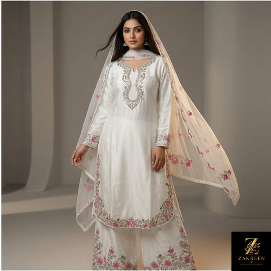 Zakreen Women's White Floral Embroidered Kurta Palazzo with Dupatta Set | Premium 3-Piece Ethnic Suit for Festive, Wedding & Party Wear