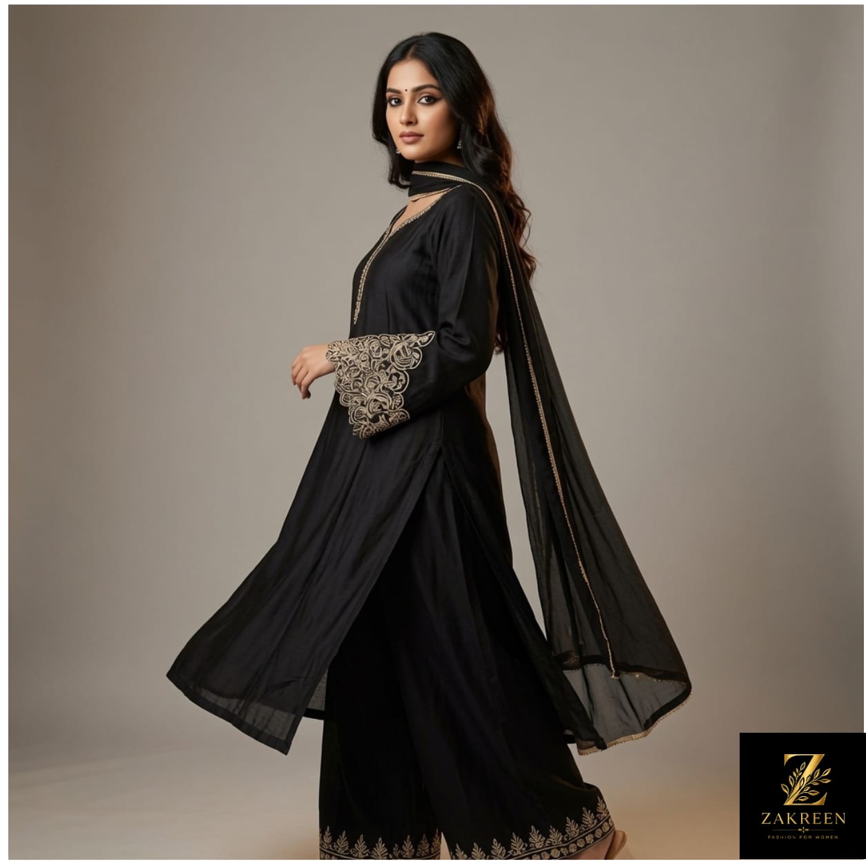 Zakreen Women's Black Embroidered Kurta Palazzo with Dupatta Set | Premium 3-Piece Ethnic Suit for Festive, Party & Wedding Wear