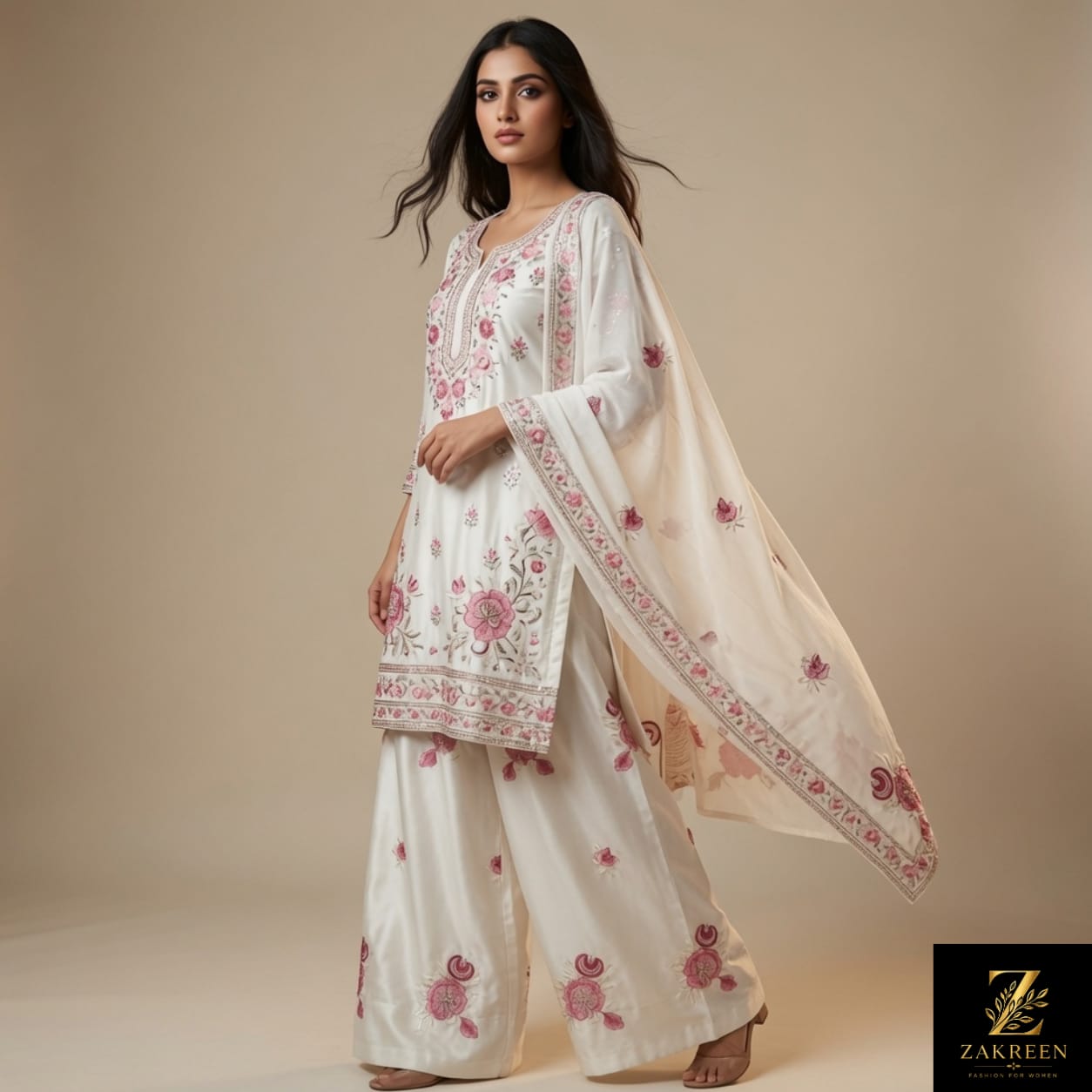 Zakreen Women's White Floral Embroidered Kurta Palazzo with Dupatta Set | Premium 3-Piece Ethnic Suit for Festive, Wedding & Party Wear