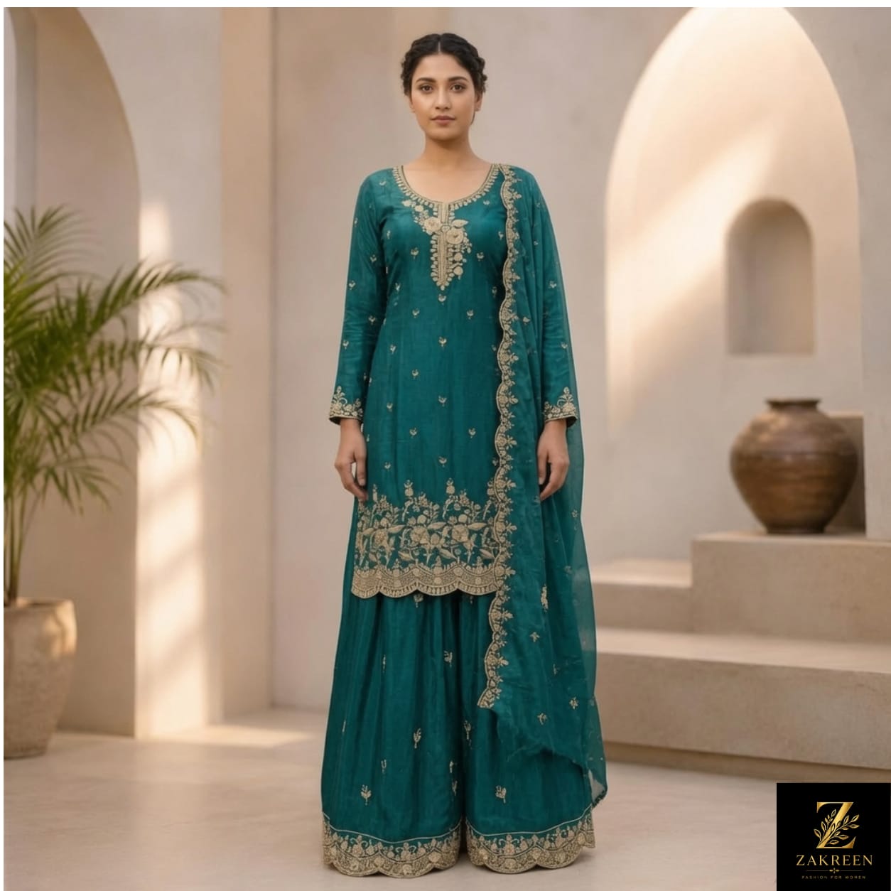 Zakreen Women's Teal Embroidered Kurta Sharara Set with Organza Dupatta | Premium Festive & Wedding Wear