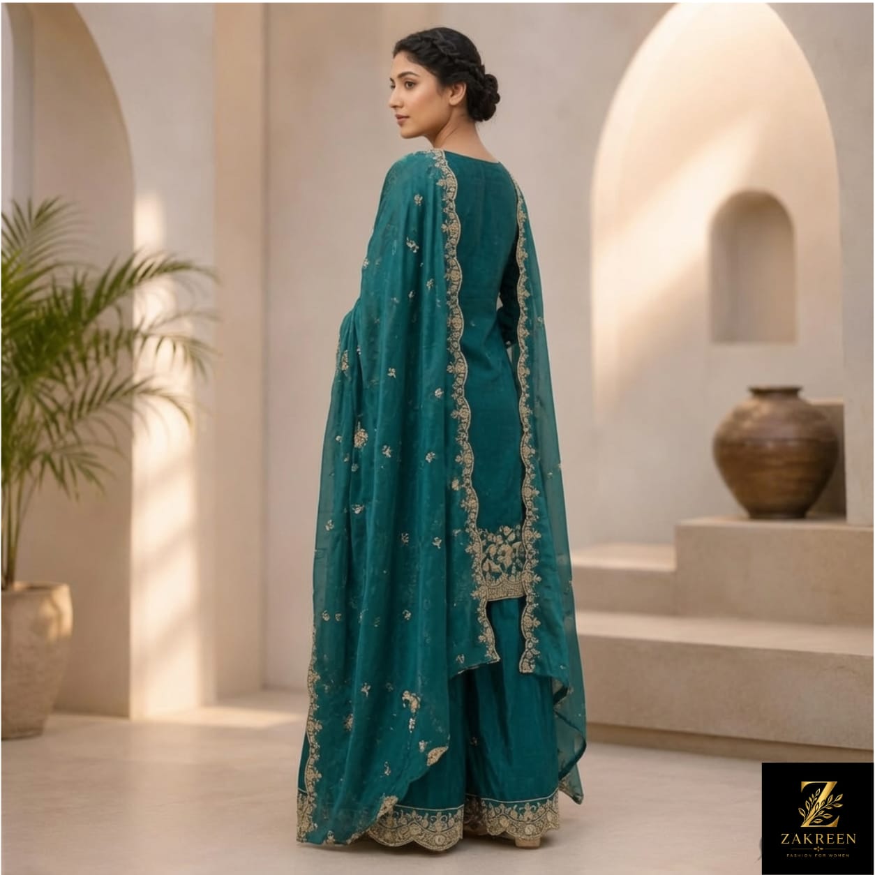 Zakreen Women's Teal Embroidered Kurta Sharara Set with Organza Dupatta | Premium Festive & Wedding Wear