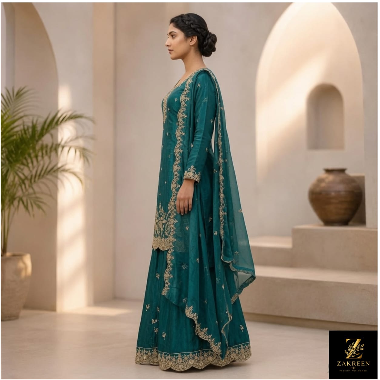 Zakreen Women's Teal Embroidered Kurta Sharara Set with Organza Dupatta | Premium Festive & Wedding Wear