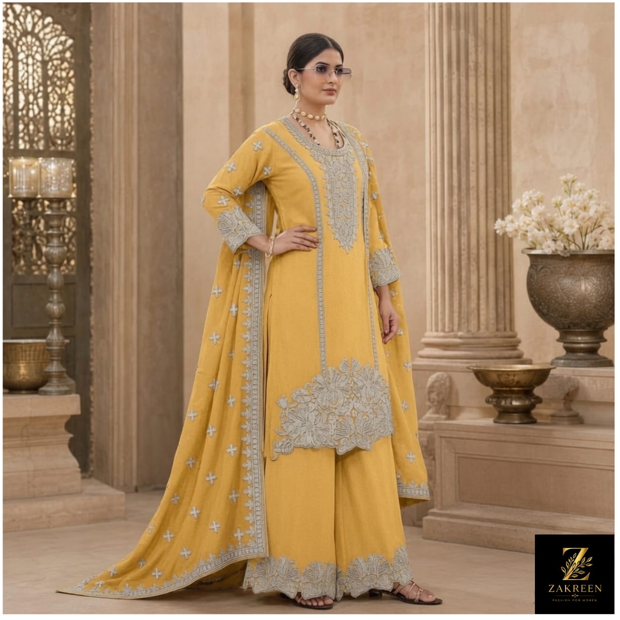 Zakreen Women's Mustard Yellow Embroidered Kurta Palazzo Set with Dupatta | Premium Festive & Wedding Wear