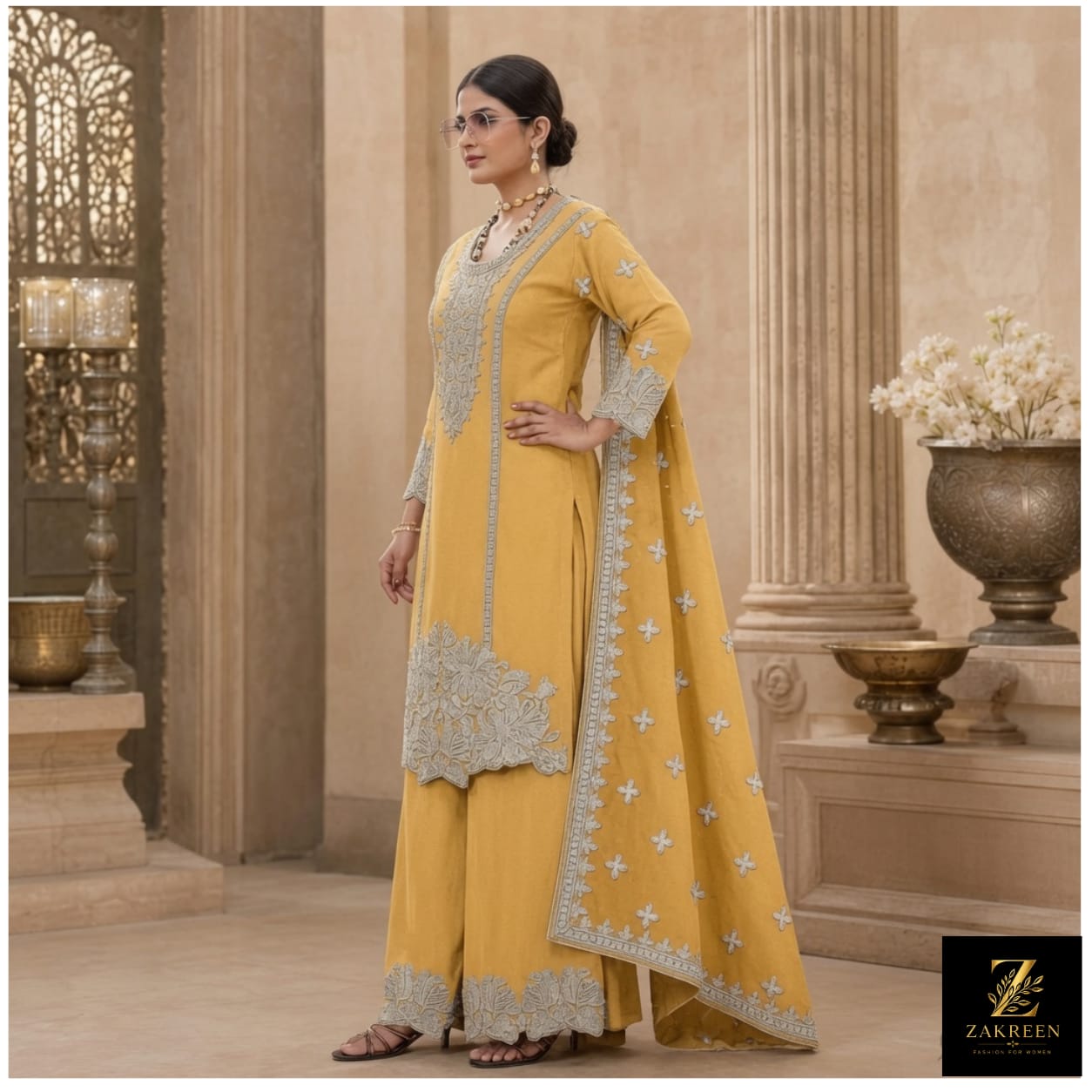 Zakreen Women's Mustard Yellow Embroidered Kurta Palazzo Set with Dupatta | Premium Festive & Wedding Wear