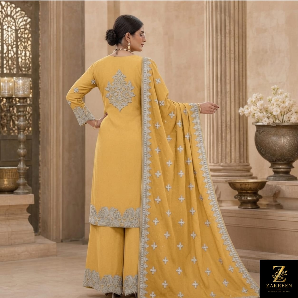 Zakreen Women's Mustard Yellow Embroidered Kurta Palazzo Set with Dupatta | Premium Festive & Wedding Wear