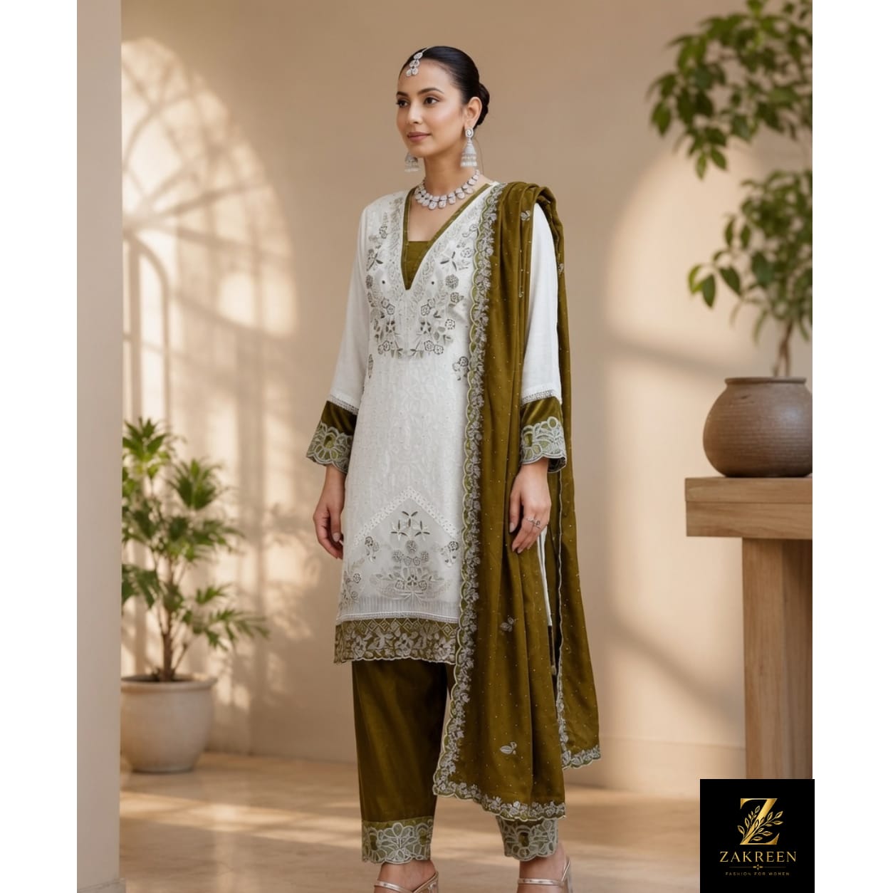 Zakreen Women's White Embroidered Straight Kurta Pant Set with Olive Green Dupatta | Premium Festive & Ethnic Wear