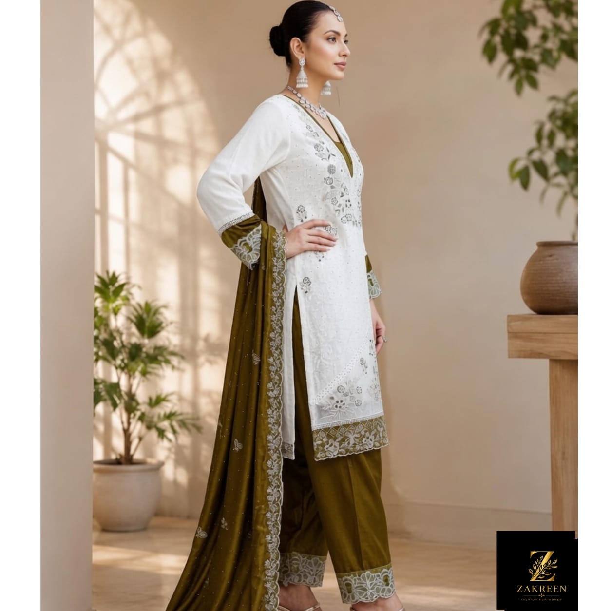 Zakreen Women's White Embroidered Straight Kurta Pant Set with Olive Green Dupatta | Premium Festive & Ethnic Wear