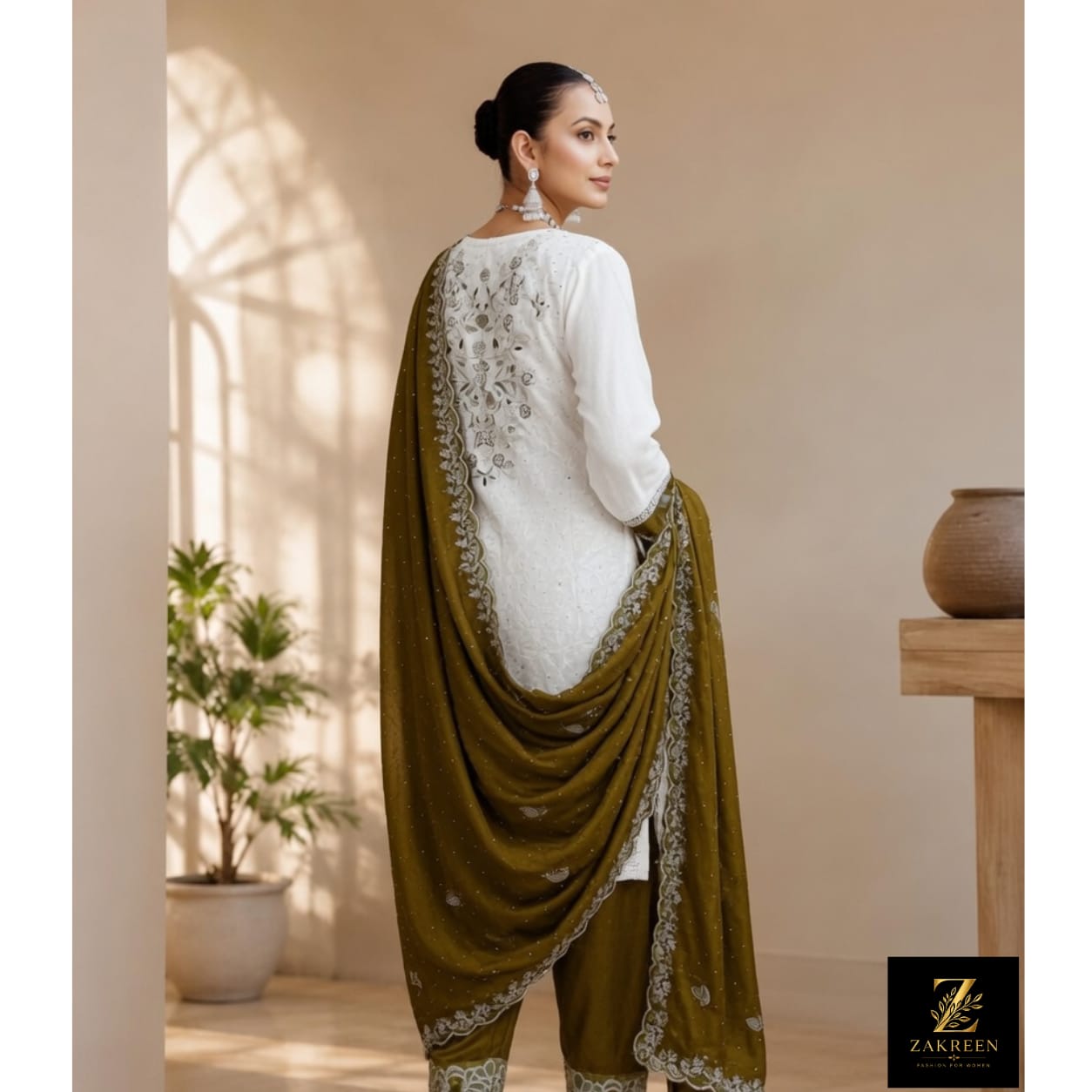 Zakreen Women's White Embroidered Straight Kurta Pant Set with Olive Green Dupatta | Premium Festive & Ethnic Wear