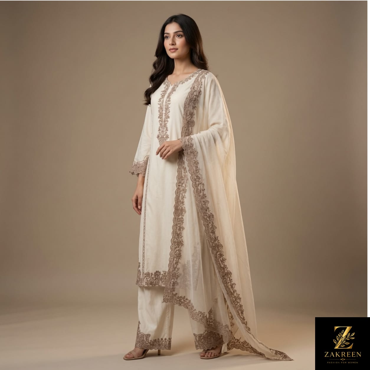 Zakreen Premium Off White Embroidered Kurta Pant with Chiffon Dupatta for Women | Elegant Ethnic Suit Set