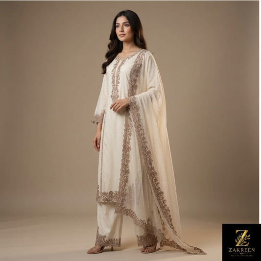 Zakreen Premium Off White Embroidered Kurta Pant with Chiffon Dupatta for Women | Elegant Ethnic Suit Set