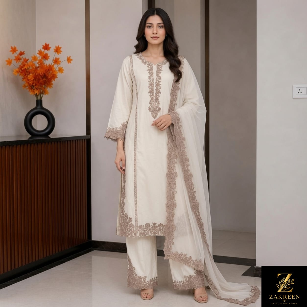 Zakreen Premium Off White Embroidered Kurta Pant with Chiffon Dupatta for Women | Elegant Ethnic Suit Set