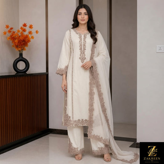 Zakreen Premium Off White Embroidered Kurta Pant with Chiffon Dupatta for Women | Elegant Ethnic Suit Set