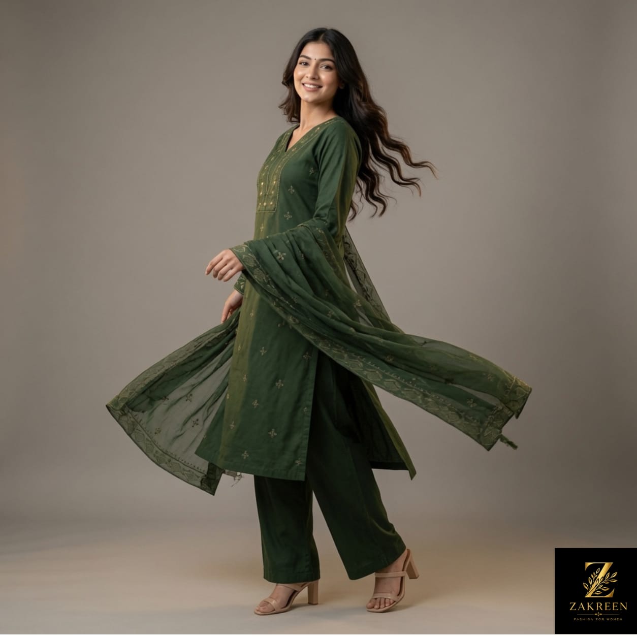 Zakreen Premium Dark Green Embroidered Kurta Pant Set with Dupatta for Women | Elegant Festive & Party Wear Ethnic Suit