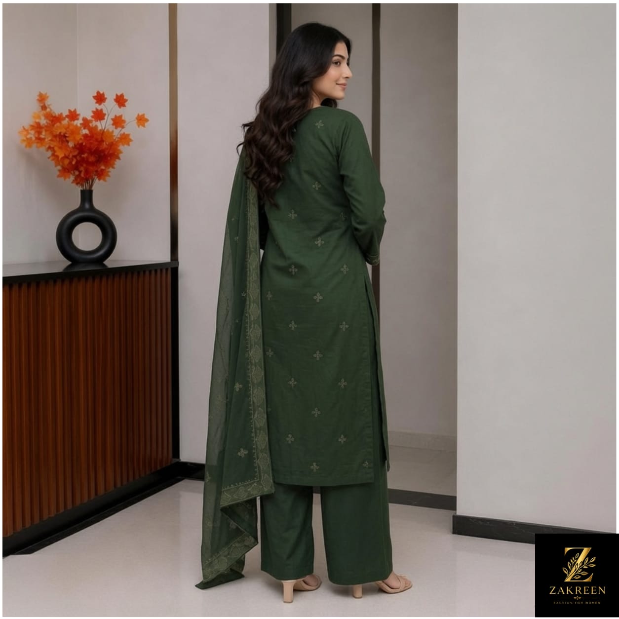 Zakreen Premium Dark Green Embroidered Kurta Pant Set with Dupatta for Women | Elegant Festive & Party Wear Ethnic Suit