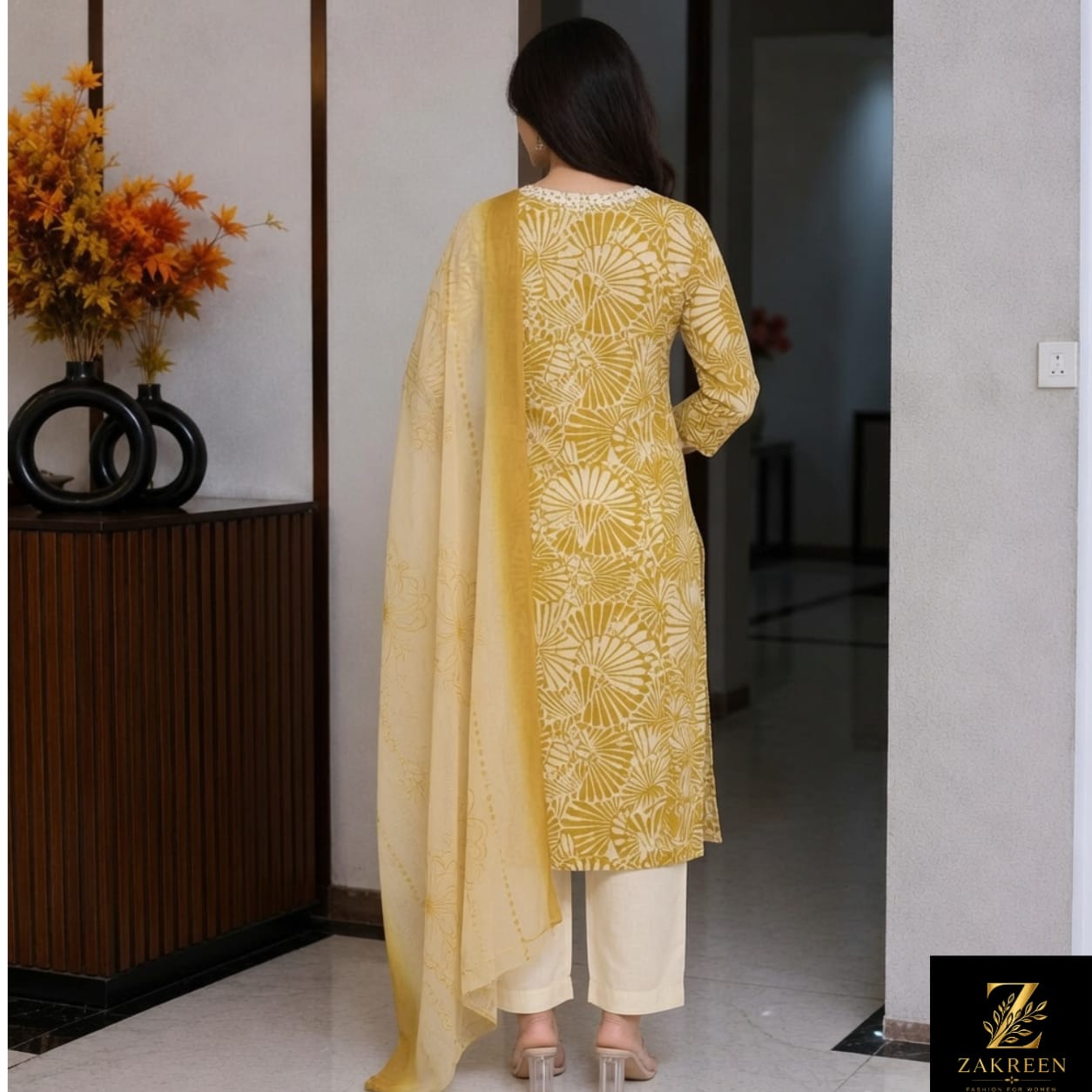 Zakreen Women's Mustard Printed Cotton Kurta Pant Dupatta Set | Elegant Ethnic Wear for Casual, Office & Festive Look