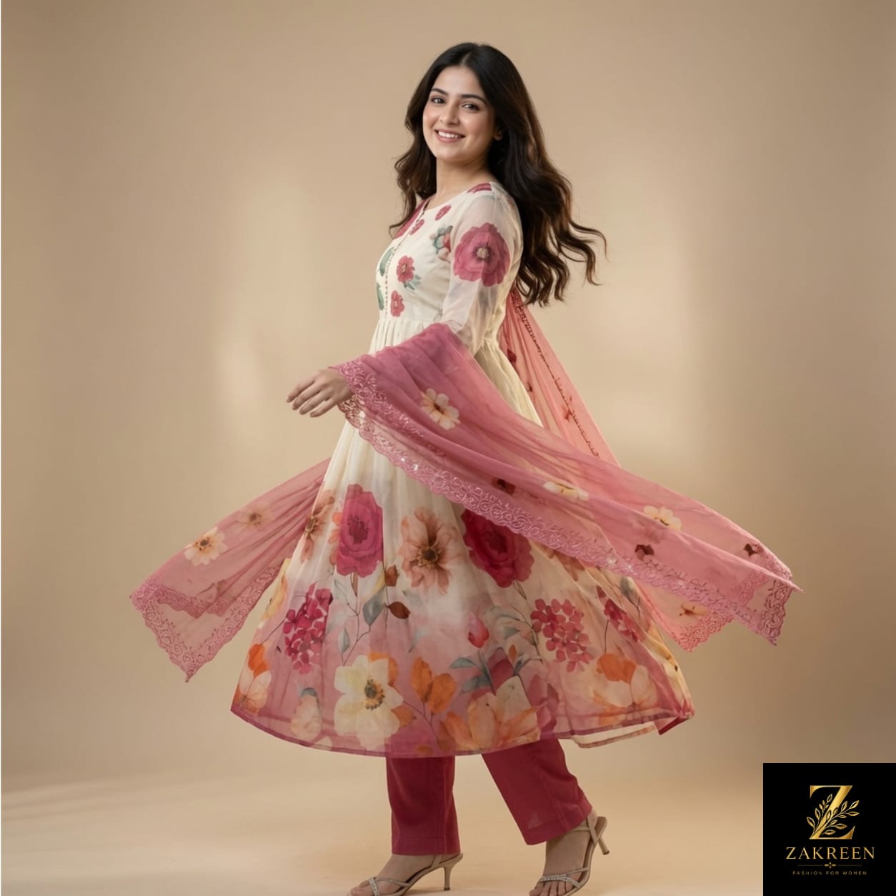 Zakreen Women's Floral Printed Anarkali Kurta Pant Dupatta Set | Elegant Cream & Pink Ethnic Wear for Festive, Party & Casual Look