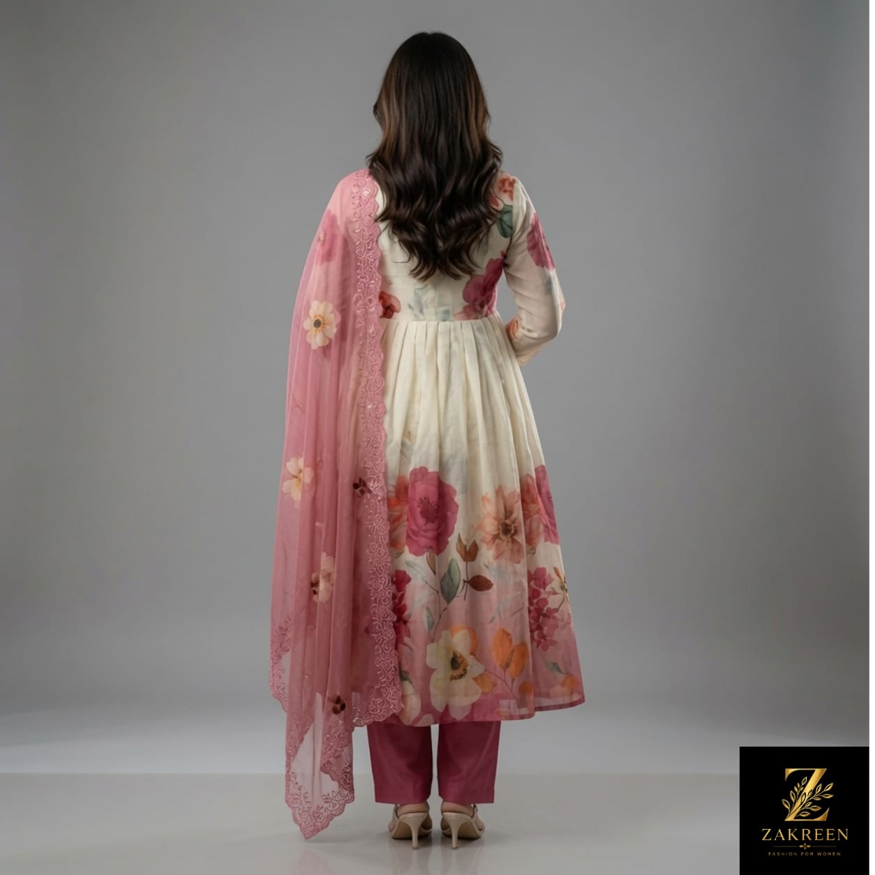 Zakreen Women's Floral Printed Anarkali Kurta Pant Dupatta Set | Elegant Cream & Pink Ethnic Wear for Festive, Party & Casual Look