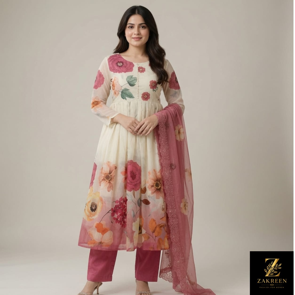 Zakreen Women's Floral Printed Anarkali Kurta Pant Dupatta Set | Elegant Cream & Pink Ethnic Wear for Festive, Party & Casual Look