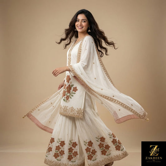 Zakreen Women's Off White Floral Printed Kurta Sharara Set with Dupatta | Festive & Party Wear Ethnic Suit