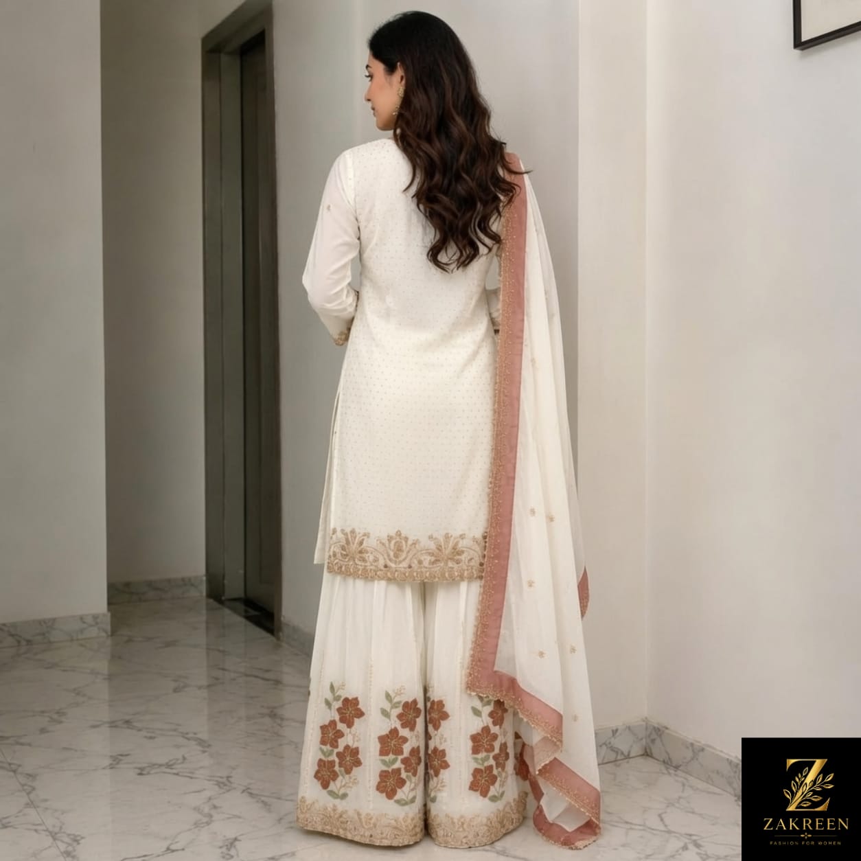 Zakreen Women's Off White Floral Printed Kurta Sharara Set with Dupatta | Festive & Party Wear Ethnic Suit