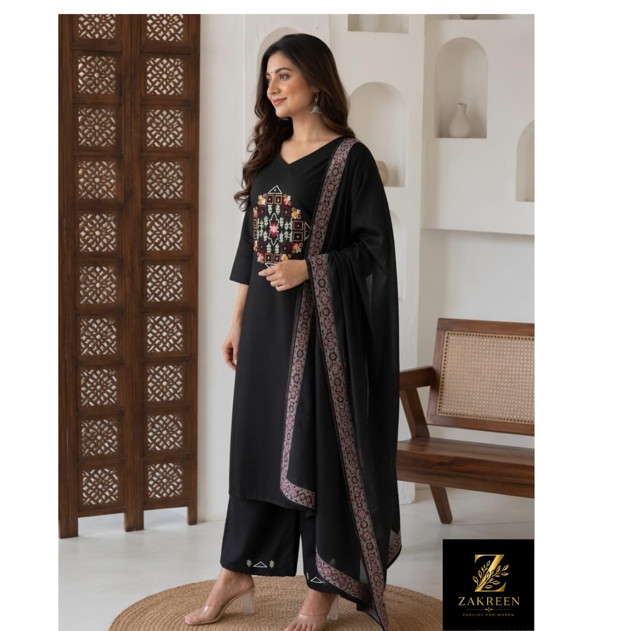 Zakreen Women's Black Embroidered Kurta Palazzo Set with Designer Dupatta | Elegant Ethnic Wear