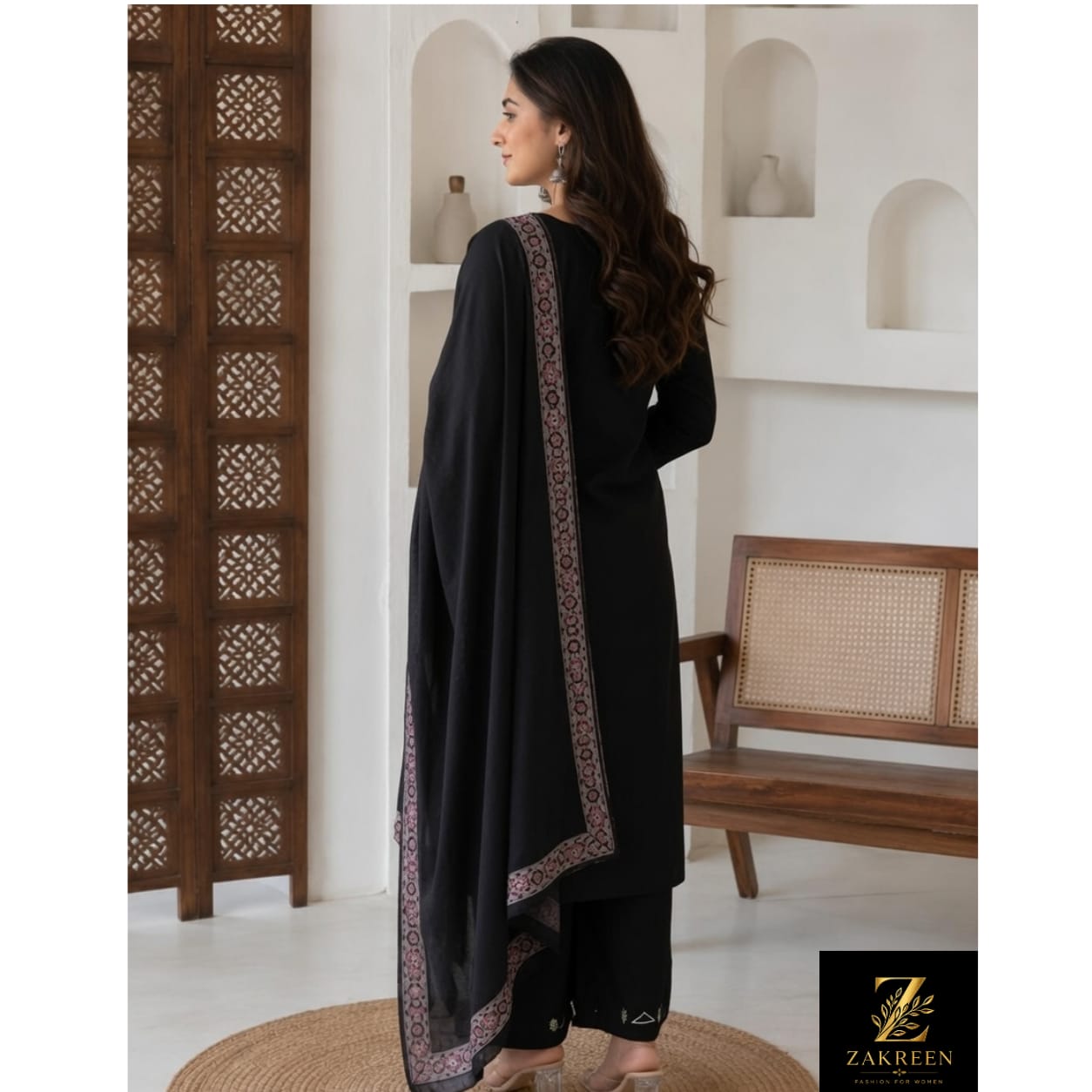 Zakreen Women's Black Embroidered Kurta Palazzo Set with Designer Dupatta | Elegant Ethnic Wear