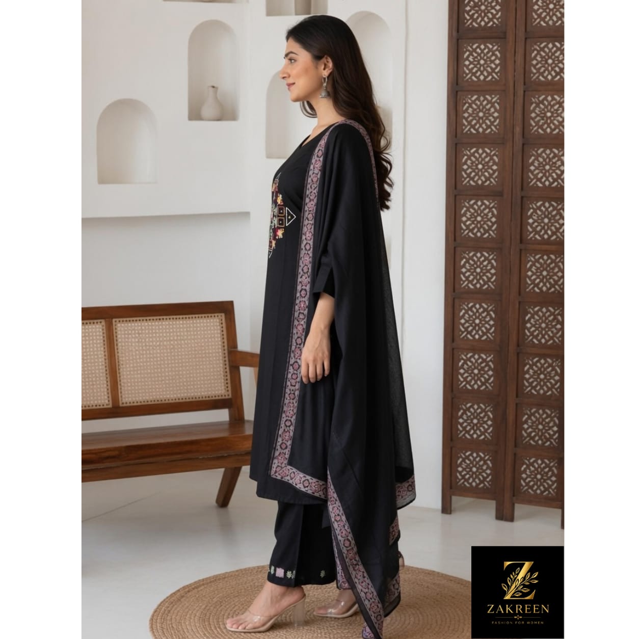 Zakreen Women's Black Embroidered Kurta Palazzo Set with Designer Dupatta | Elegant Ethnic Wear