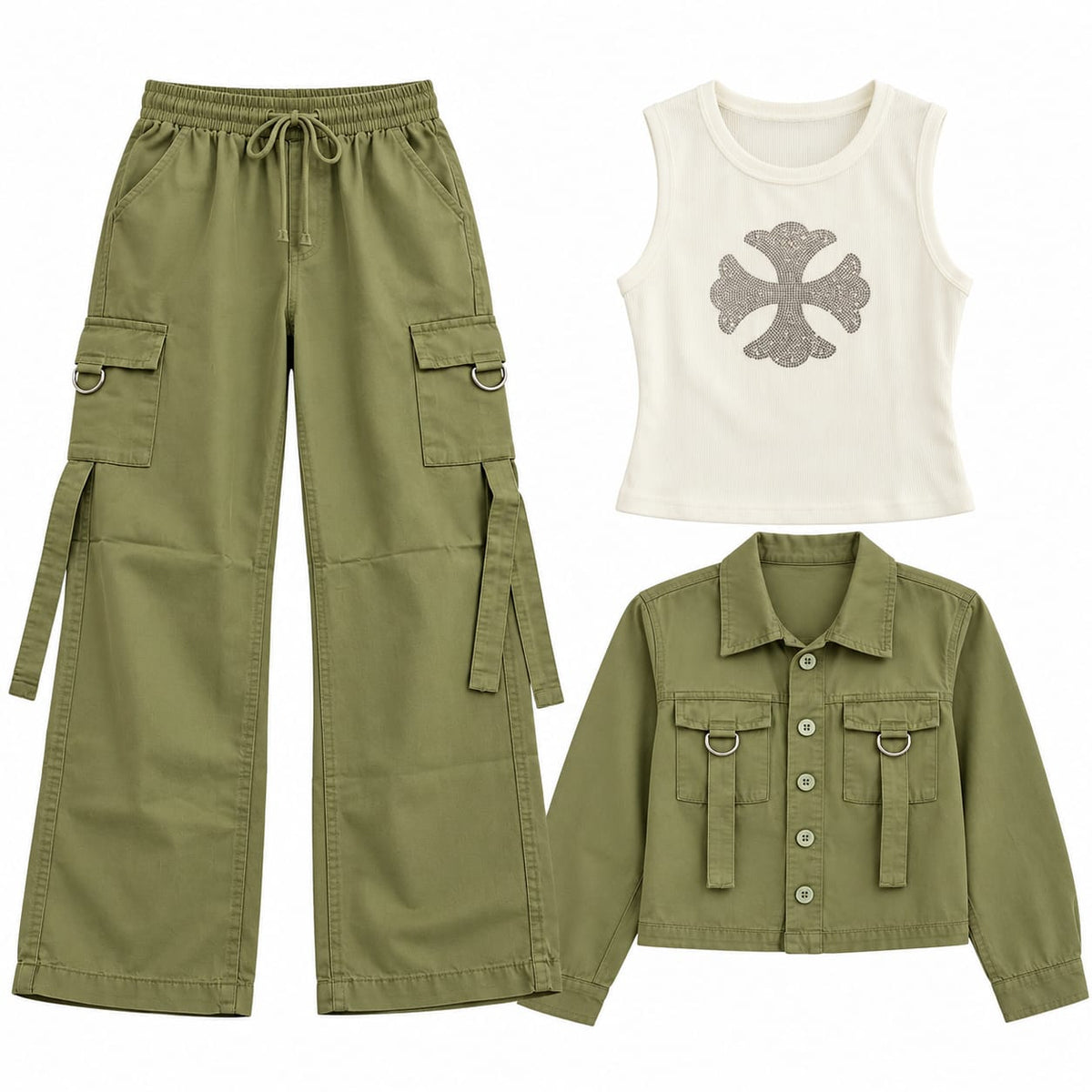 Korean Style Women’s Olive Green Cargo Co-Ord Set with Jacket & Wide-Leg Pants