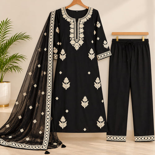 Black Embroidered Kurta Pant Set with Dupatta for Women | Elegant Ethnic Wear