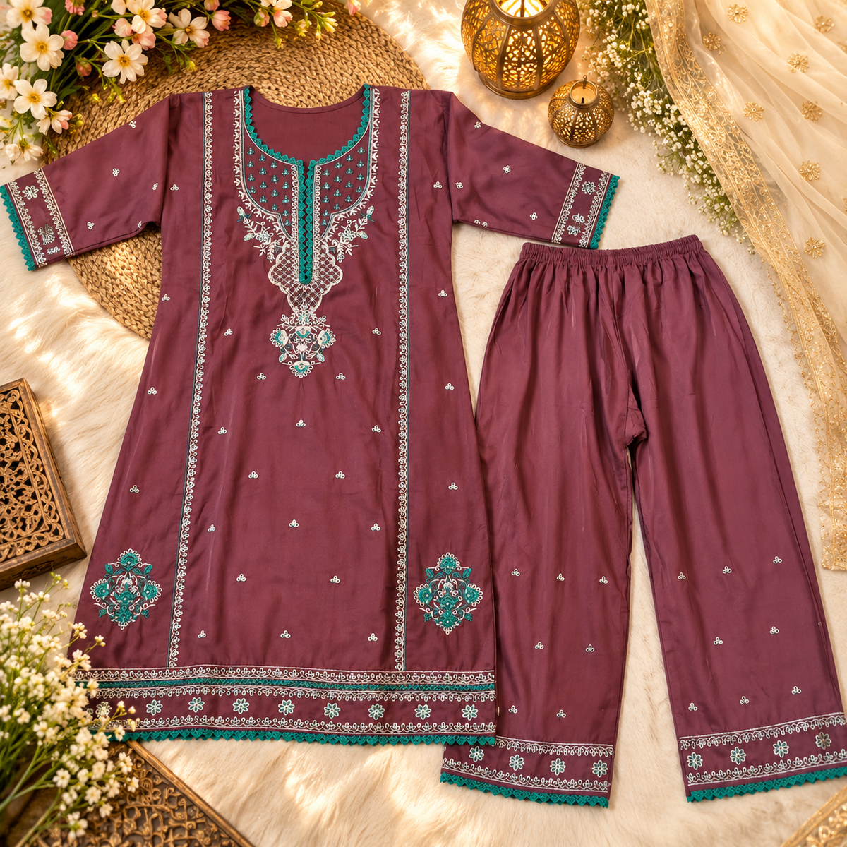 Premium Pakistani Embroidered Co-ord Set for Women | Mauve & Teal Green Floral Thread Work Suit