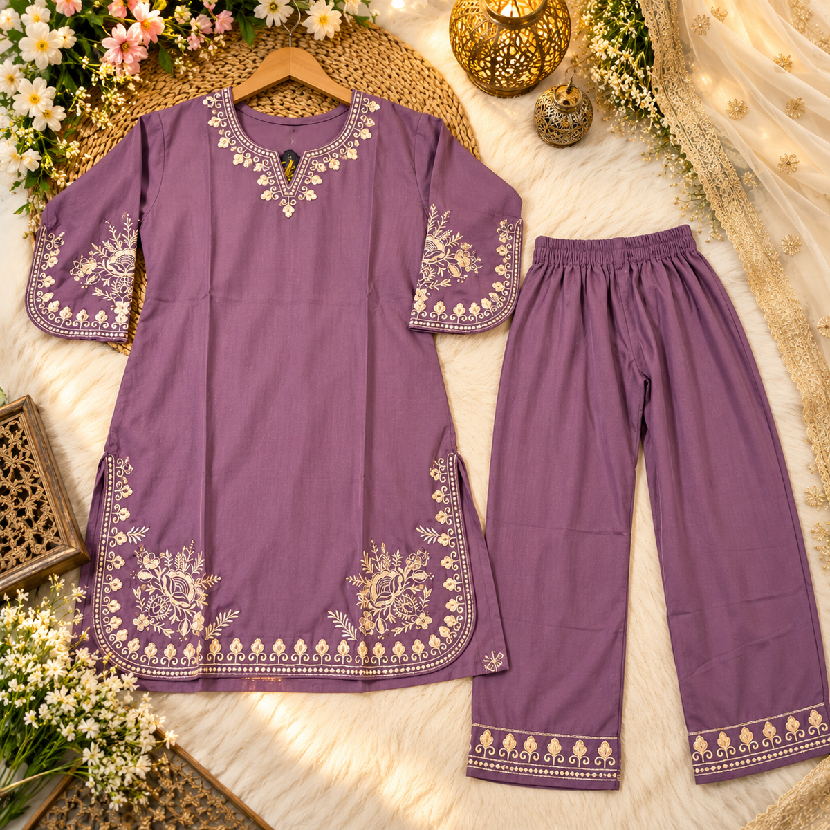 Premium Pakistani Embroidered Kurti for Women | Lavender Floral Thread Work Dress