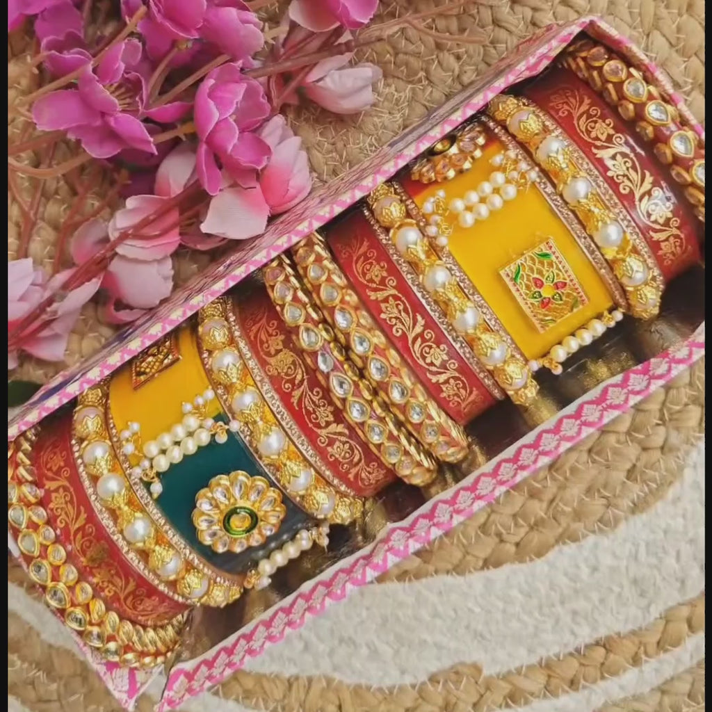 Royal Bridal Chura Set: Red and Yellow Kundan, Pearls & Intricate Carving