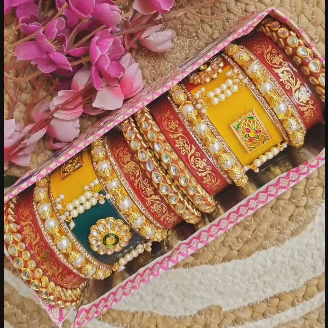 Royal Bridal Chura Set: Red and Yellow Kundan, Pearls & Intricate Carving